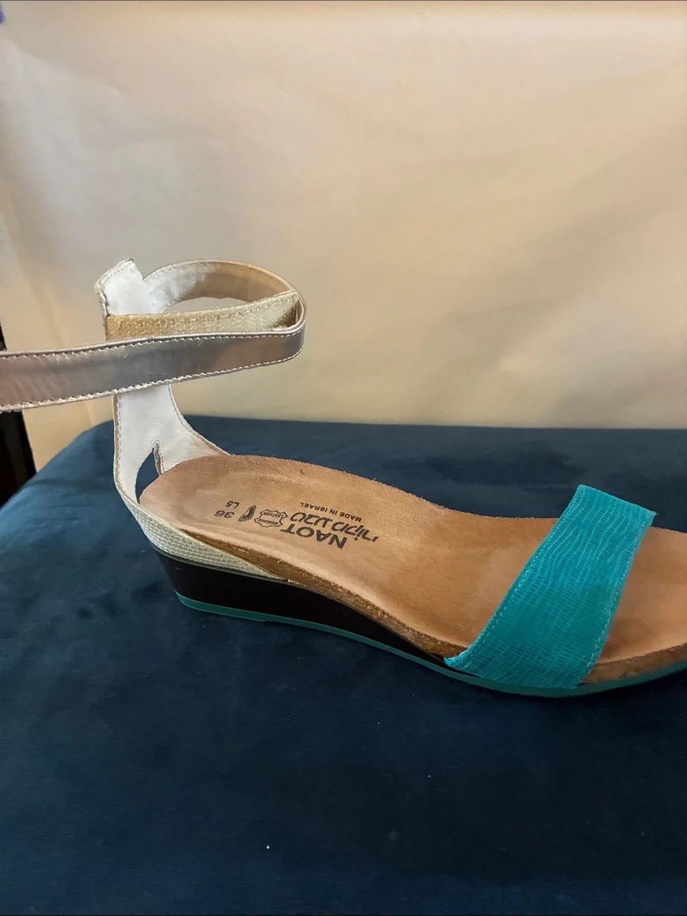 Naot Teal and Silver Ankle-Strap Wedge